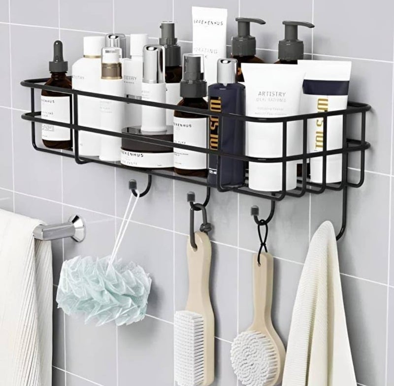 RAYMOX Stainless Steel Bathroom Shelf for Wall, Self Adhesive Bathroom Organiser, 4 Hooks for Towel Holder, Space-Saving Wall Mounted Bathroom Shelf with Elegant Design (Pack of 1, Black) - Image 2