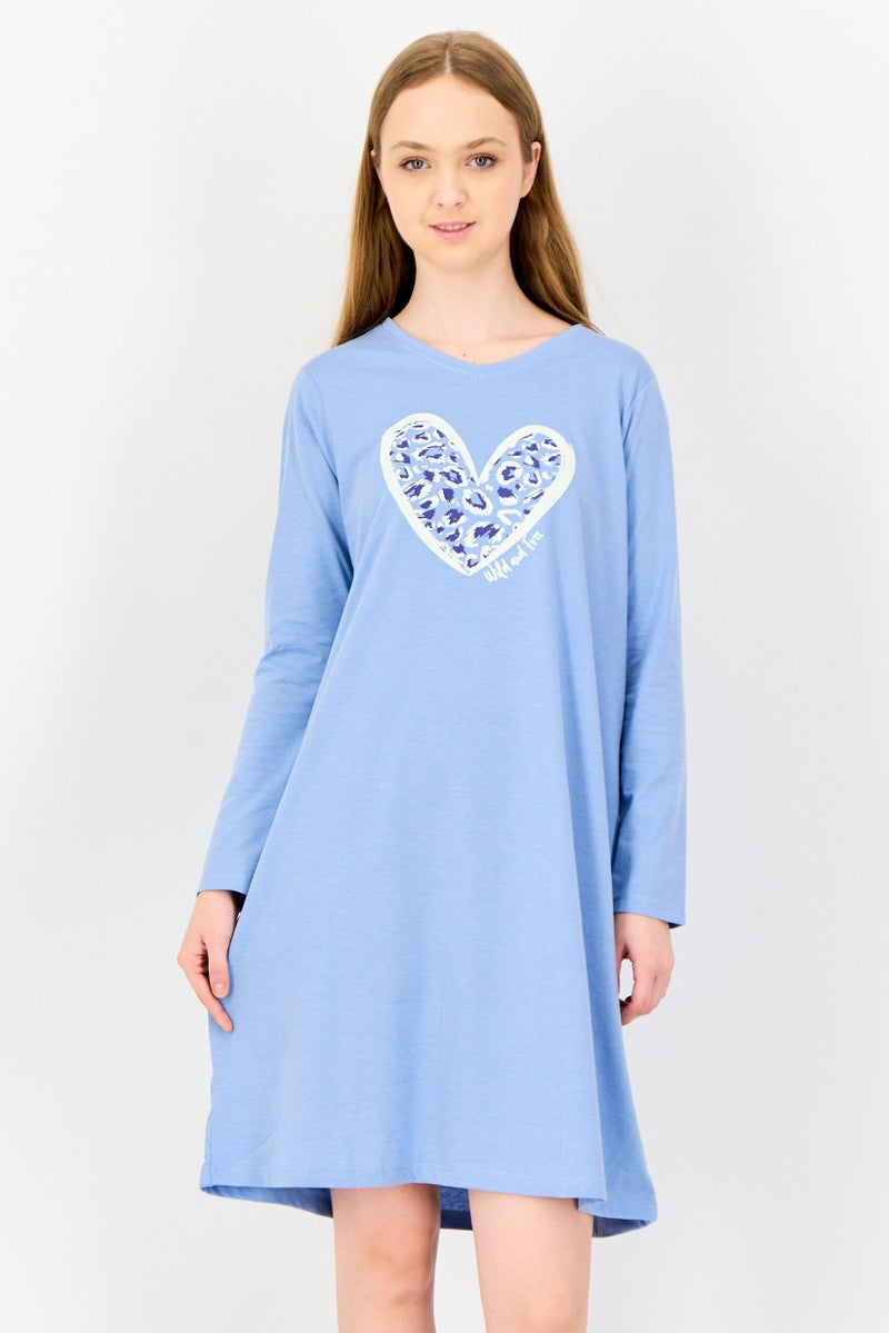 zivame Rosaline By Zivame Women Graphic Print Short Sleeves Sleeping Dress, Blue - Image 1