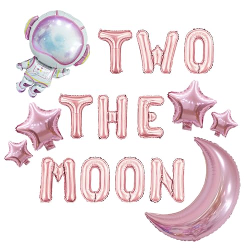 AnnoDeel Two The Moon Balloons 16inch Rose Gold Letter foil Balloons Large Pink Moon Robot UFO Theme for 2nd Girl Brithday Party Supply Decoration - Image 1