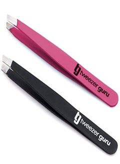 Tweezer Guru Tweezers For Eyebrows - 2 Pack Slant Tip Professional Stainless Steel Eyebrow Tweezers For Women & Men - Great Precision On Brow, Facial Hair & Ingrown Hair (Classic Pink And Black)  - Image 1