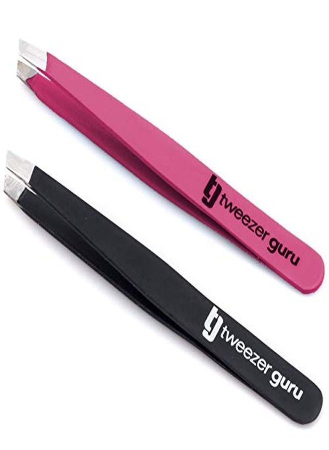 Tweezer Guru Tweezers For Eyebrows - 2 Pack Slant Tip Professional Stainless Steel Eyebrow Tweezers For Women & Men - Great Precision On Brow, Facial Hair & Ingrown Hair (Classic Pink And Black)  - Image 1