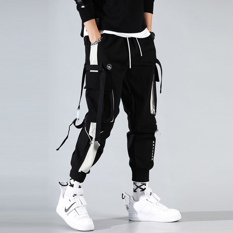 Overalls mens spring and autumn new splicing loose tide brand ins toe 2021 hip-hop pants a generation of hair 715 black pants