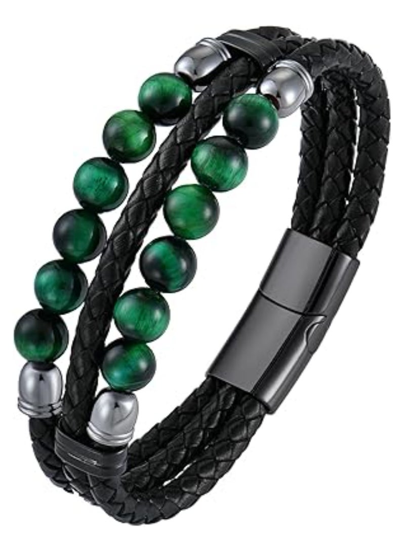 SOLARAE Mens Leather Bracelet, Mens Leather Braided Tiger Eye Bead Bracelet, Stainless Steel Clasp Cuff Bracelets Gift for Men Him, Adjustable Leather Bracelet, Black Leather Bracelets, for Men Women - Image 1