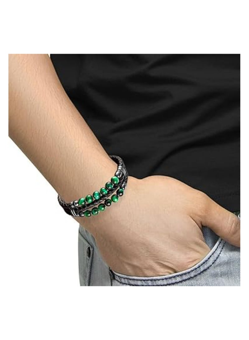 SOLARAE Mens Leather Bracelet, Mens Leather Braided Tiger Eye Bead Bracelet, Stainless Steel Clasp Cuff Bracelets Gift for Men Him, Adjustable Leather Bracelet, Black Leather Bracelets, for Men Women - Image 3