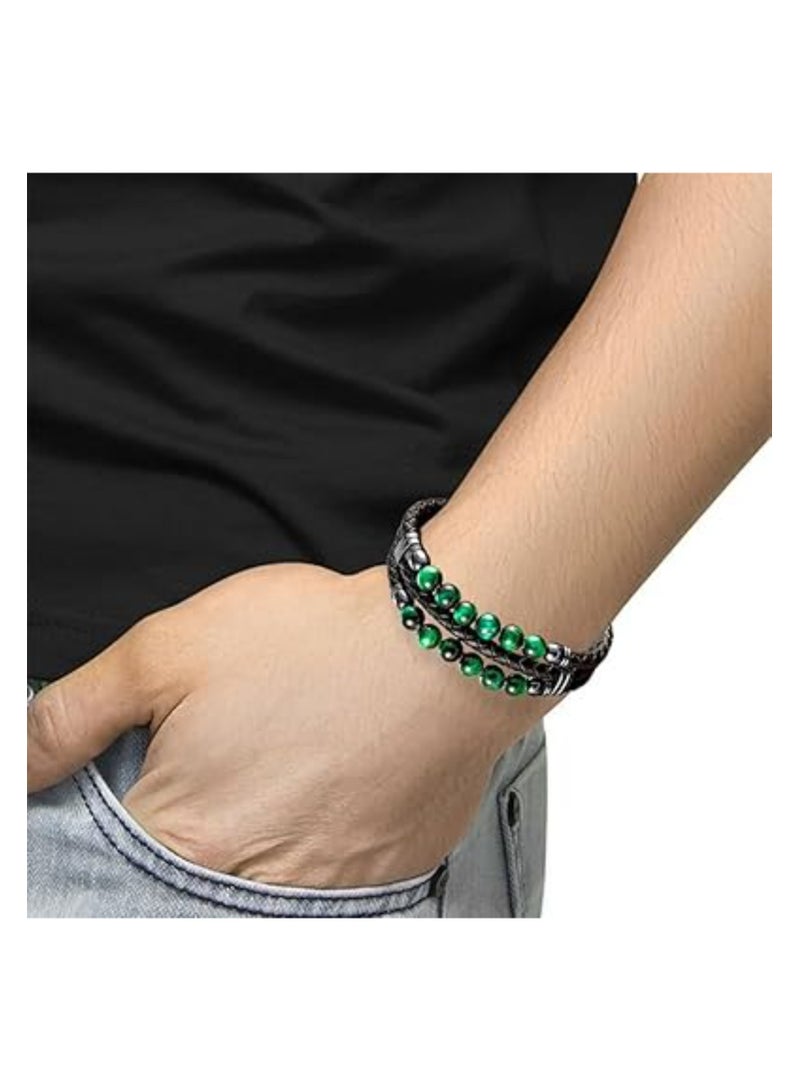 SOLARAE Mens Leather Bracelet, Mens Leather Braided Tiger Eye Bead Bracelet, Stainless Steel Clasp Cuff Bracelets Gift for Men Him, Adjustable Leather Bracelet, Black Leather Bracelets, for Men Women - Image 2