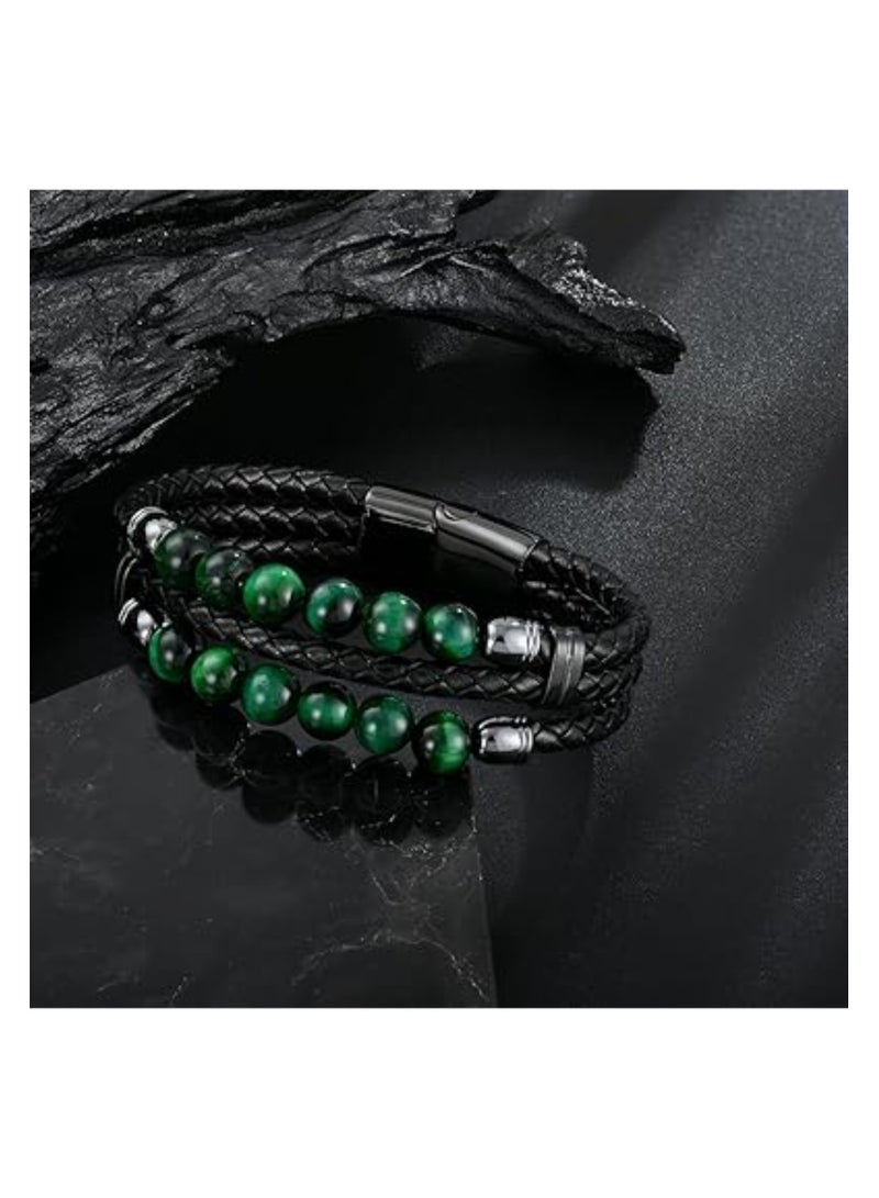 SOLARAE Mens Leather Bracelet, Mens Leather Braided Tiger Eye Bead Bracelet, Stainless Steel Clasp Cuff Bracelets Gift for Men Him, Adjustable Leather Bracelet, Black Leather Bracelets, for Men Women - Image 4