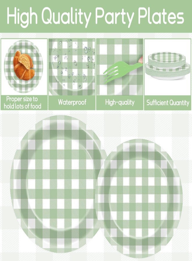 ojustbeok 96 Pcs Sage Green Party Decorations - Gingham Checkered Theme Tableware Set - Plaid Plates, Napkins, Forks for Baby Shower, Kids Boys Birthday Party Supplies - 24 Guests - Image 3