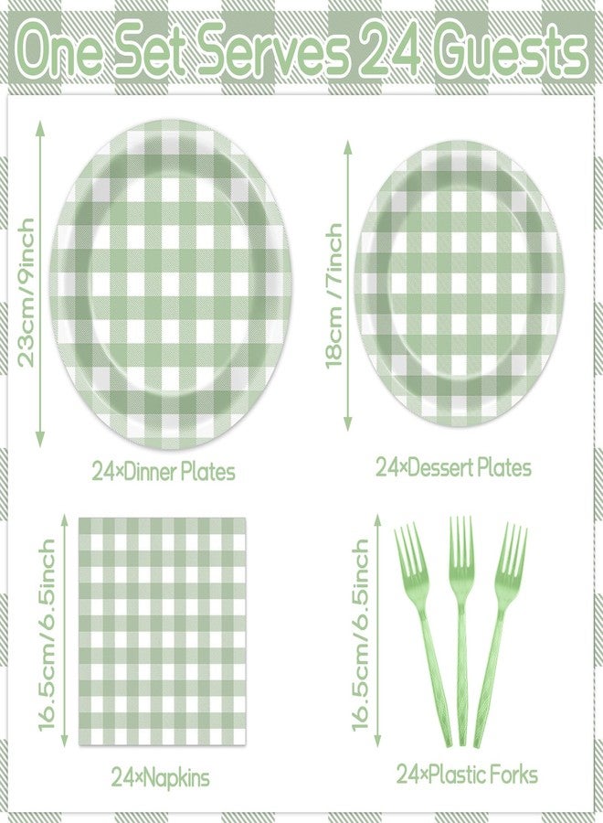ojustbeok 96 Pcs Sage Green Party Decorations - Gingham Checkered Theme Tableware Set - Plaid Plates, Napkins, Forks for Baby Shower, Kids Boys Birthday Party Supplies - 24 Guests - Image 2