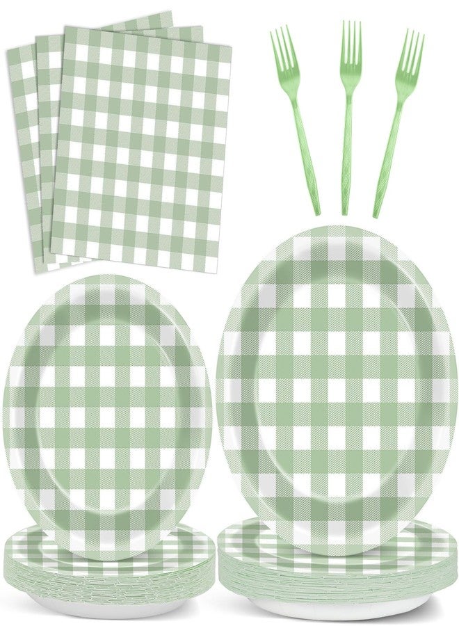 ojustbeok 96 Pcs Sage Green Party Decorations - Gingham Checkered Theme Tableware Set - Plaid Plates, Napkins, Forks for Baby Shower, Kids Boys Birthday Party Supplies - 24 Guests - Image 1