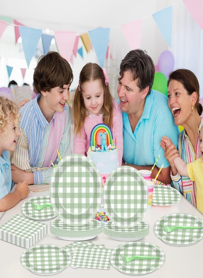 ojustbeok 96 Pcs Sage Green Party Decorations - Gingham Checkered Theme Tableware Set - Plaid Plates, Napkins, Forks for Baby Shower, Kids Boys Birthday Party Supplies - 24 Guests - Image 5