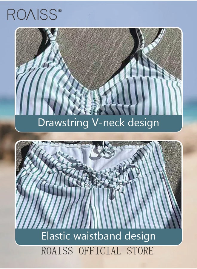 roaiss - Women 2 Piece Swimsuit Sports Bra Top & Shorts Striped Age Reducing Drawstring Design Quick Drying Fabric Moisture Wicking and Breathable Provides Coverage and Modesty without being Revealing - Image 1