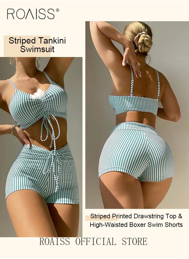 roaiss - Women 2 Piece Swimsuit Sports Bra Top & Shorts Striped Age Reducing Drawstring Design Quick Drying Fabric Moisture Wicking and Breathable Provides Coverage and Modesty without being Revealing - Image 1