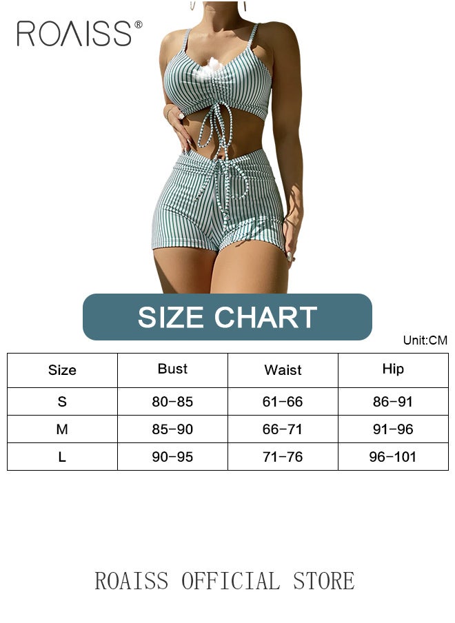 roaiss - Women 2 Piece Swimsuit Sports Bra Top & Shorts Striped Age Reducing Drawstring Design Quick Drying Fabric Moisture Wicking and Breathable Provides Coverage and Modesty without being Revealing - Image 1