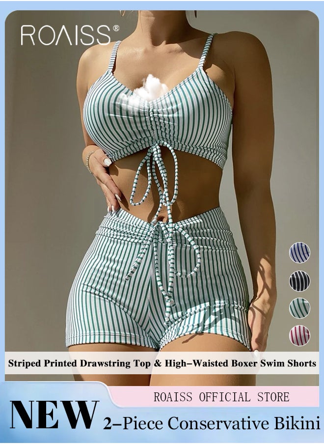 roaiss - Women 2 Piece Swimsuit Sports Bra Top & Shorts Striped Age Reducing Drawstring Design Quick Drying Fabric Moisture Wicking and Breathable Provides Coverage and Modesty without being Revealing - Image 1