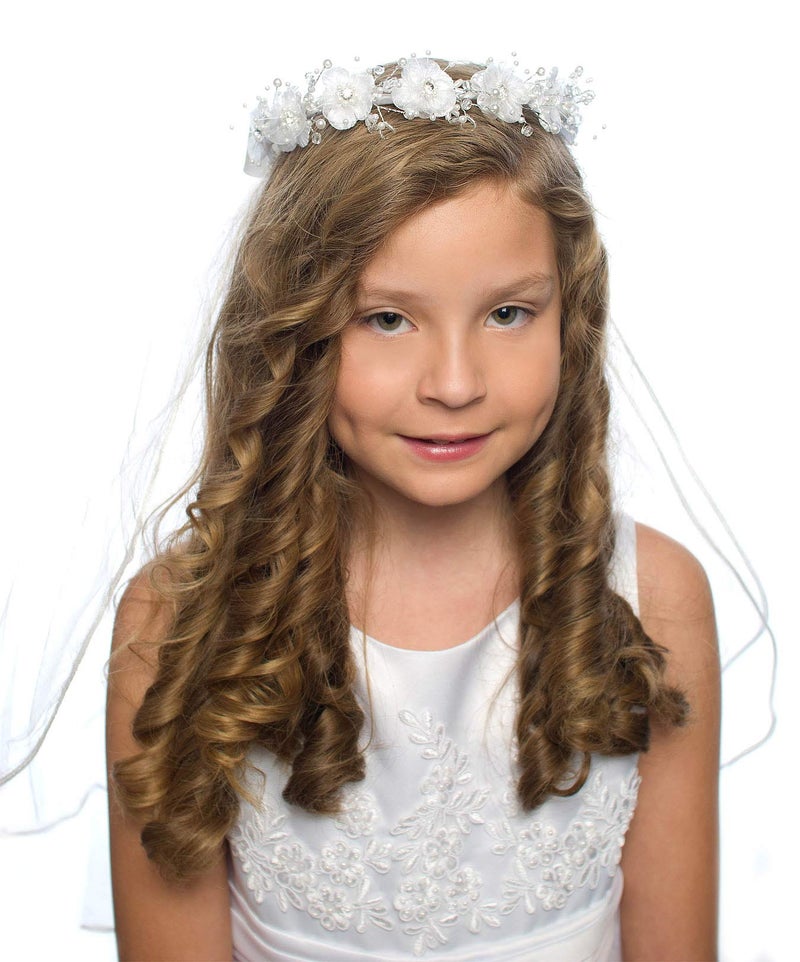 OLIVIA KOO Girls First Communion White Floral Wreath Veil - Image 1