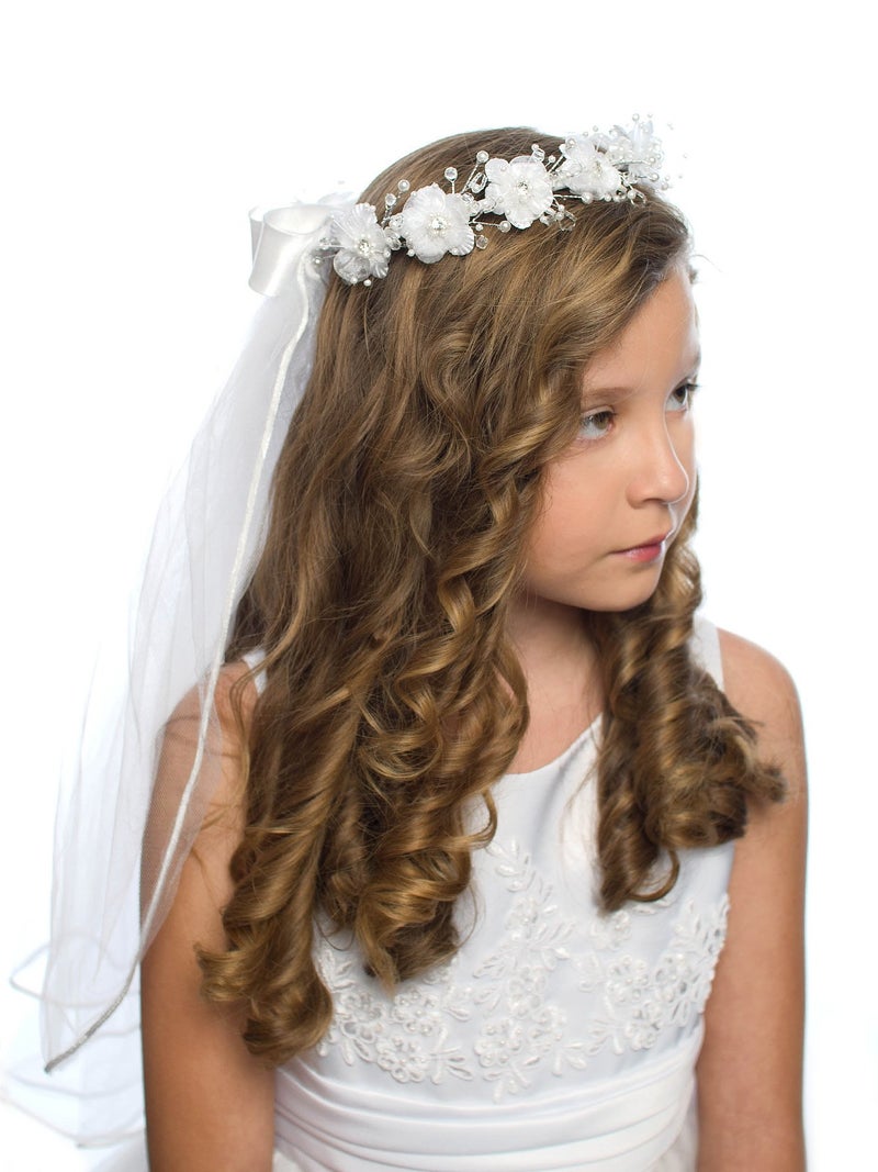 OLIVIA KOO Girls First Communion White Floral Wreath Veil - Image 2