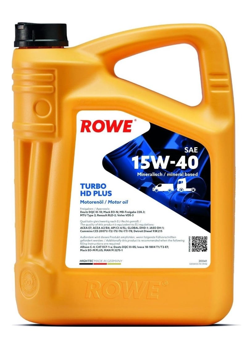 ROWE HIGHTEC TURBO HD SAE 15W40 PLUS -5 Ltr: Super High Performance Diesel (SHPD) engine oil- Germany