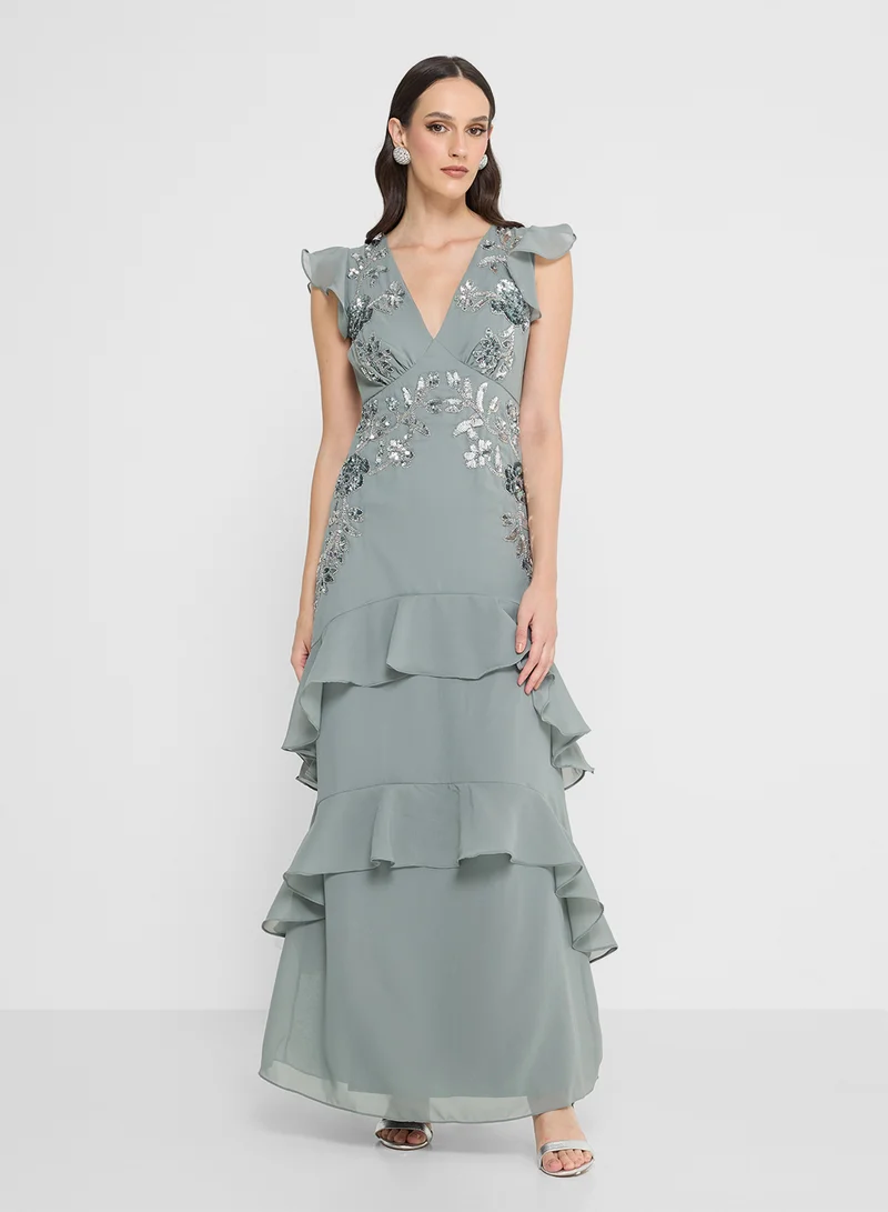 Maya Ruffle Embellished Detail V Neck Maxi Dress