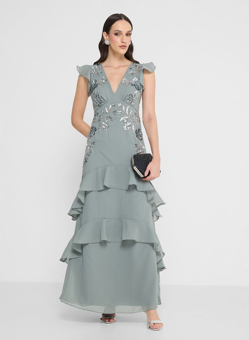 Maya Ruffle Embellished Detail V Neck Maxi Dress - Image 5