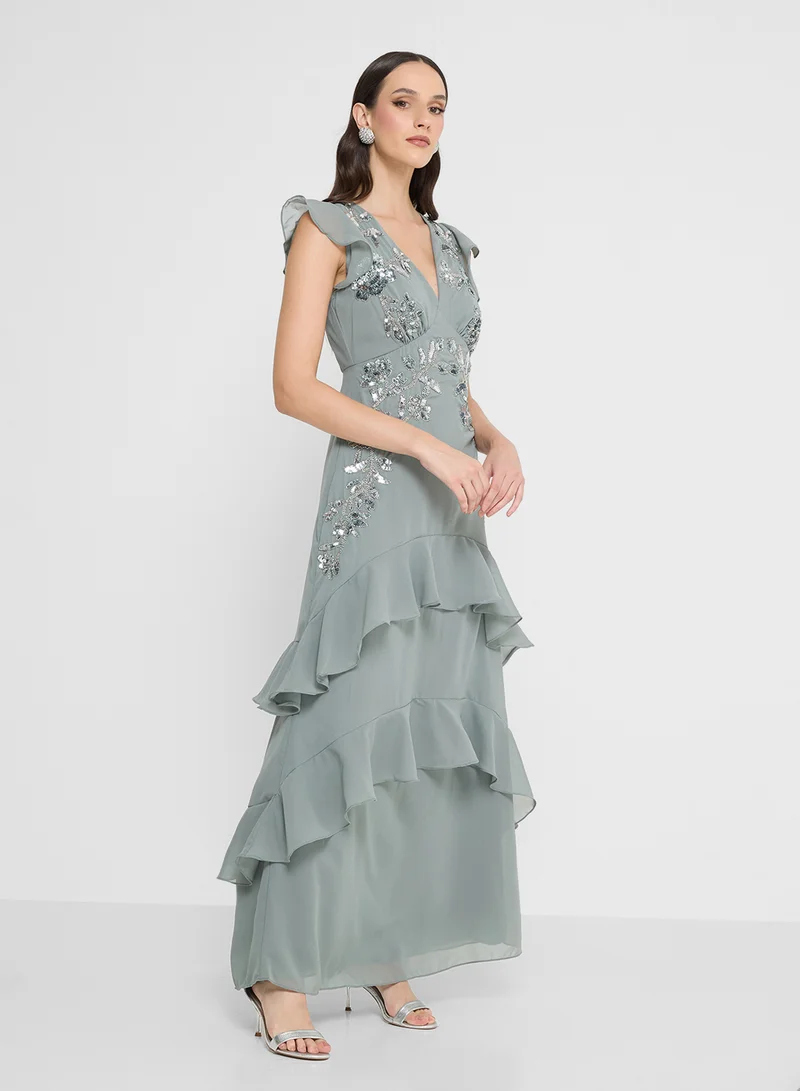 Maya Ruffle Embellished Detail V Neck Maxi Dress
