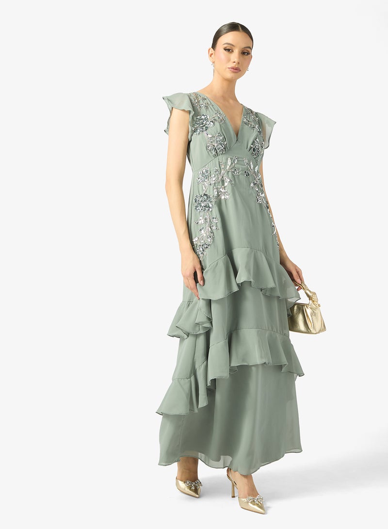 Maya Ruffle Embellished Detail V Neck Maxi Dress - Image 4