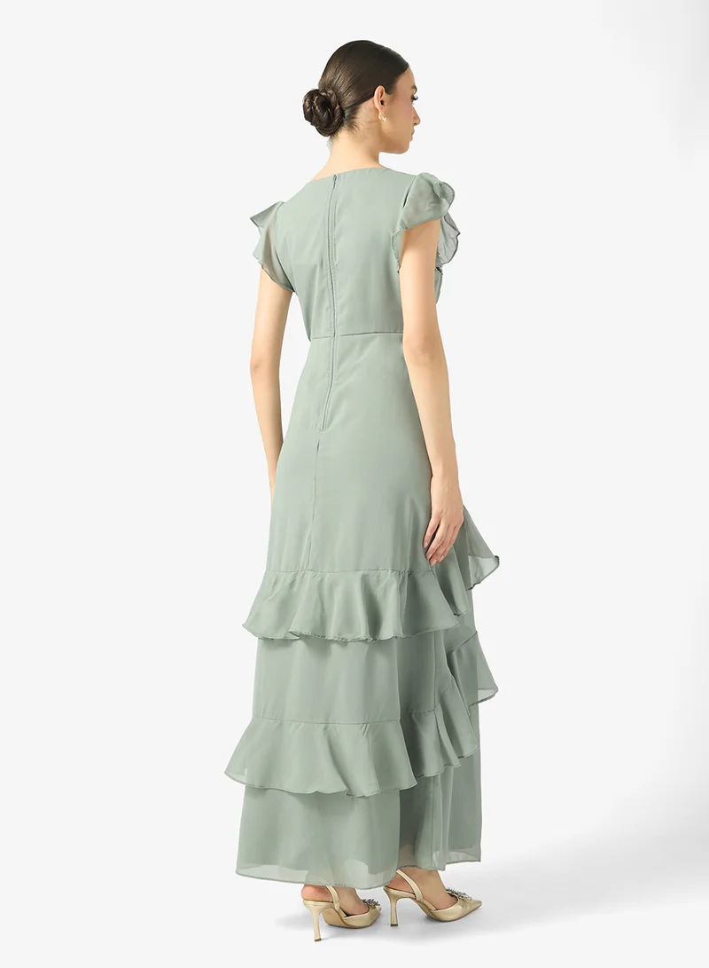 Maya Ruffle Embellished Detail V Neck Maxi Dress