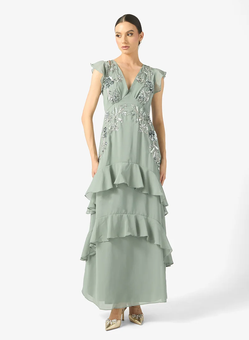 Maya Ruffle Embellished Detail V Neck Maxi Dress