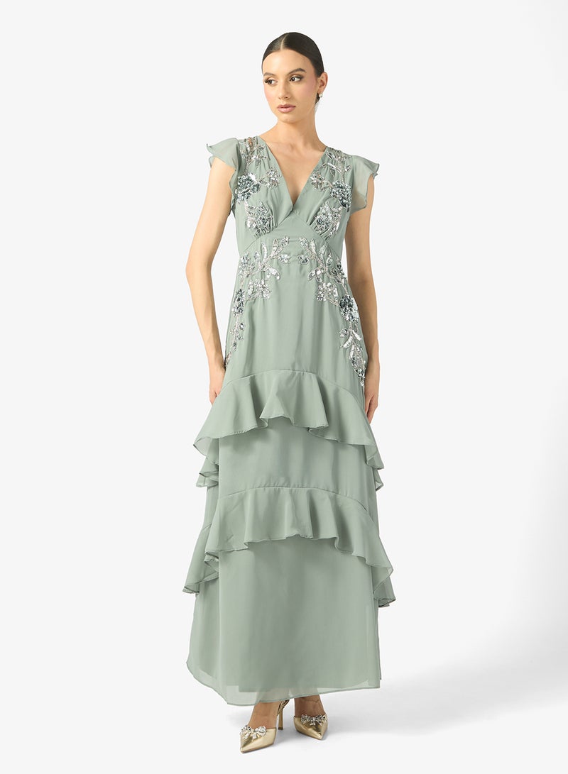 Maya Ruffle Embellished Detail V Neck Maxi Dress - Image 1