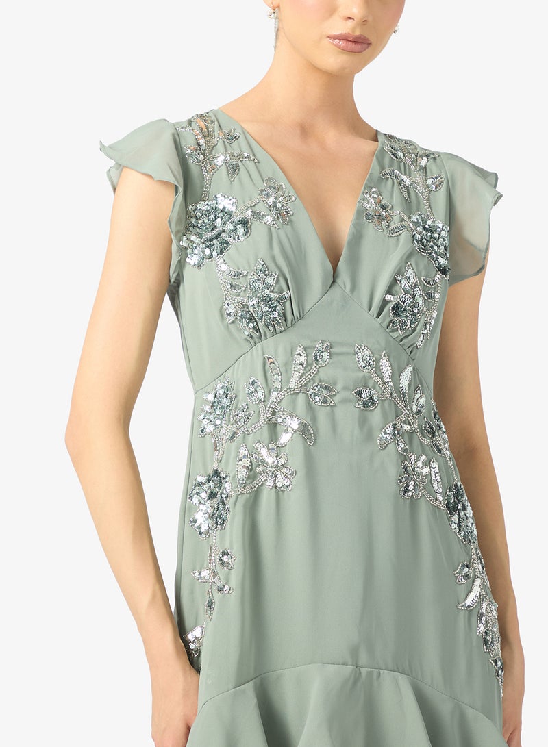 Maya Ruffle Embellished Detail V Neck Maxi Dress - Image 3
