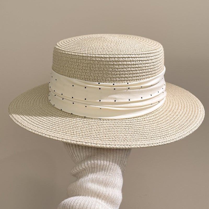 Beige French Elegant Polka Dot Straw Hat for Women - Image 4