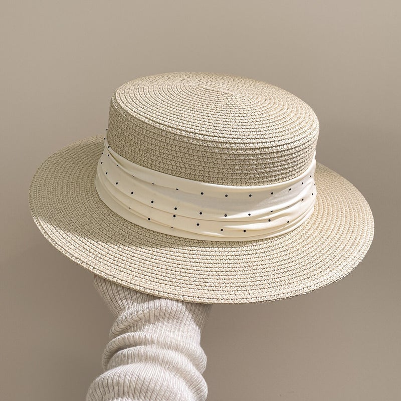 Beige French Elegant Polka Dot Straw Hat for Women - Image 2