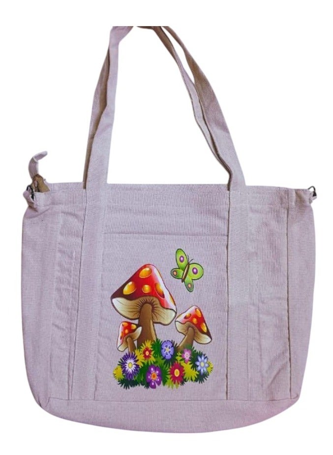 Beige tote bag (mushroom + rose) 