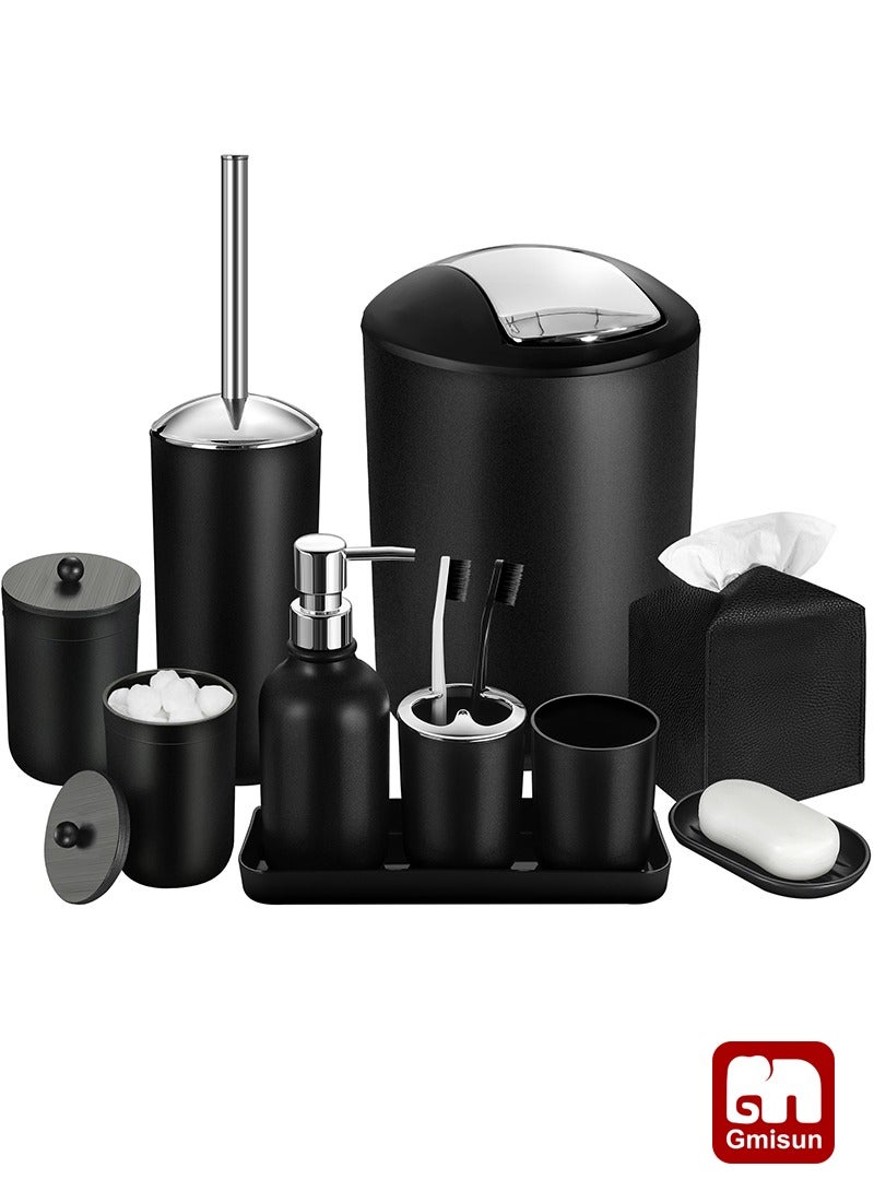 Gmisun 10-Piece Black Bathroom Accessories Set | Includes Trash Can, Soap Dispenser & Toothbrush Holder | Waterproof ABS Plastic | 30x30x40cm - Image 1
