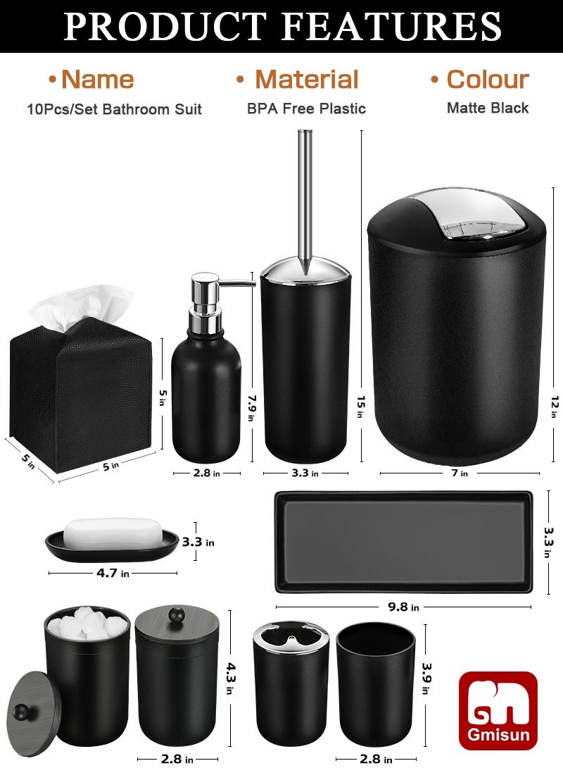 Gmisun 10-Piece Black Bathroom Accessories Set | Includes Trash Can, Soap Dispenser & Toothbrush Holder | Waterproof ABS Plastic | 30x30x40cm - Image 2