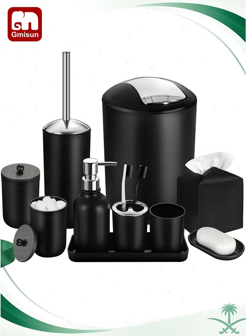 Gmisun 10-Piece Black Bathroom Accessories Set | Includes Trash Can, Soap Dispenser & Toothbrush Holder | Waterproof ABS Plastic | 30x30x40cm - Image 1