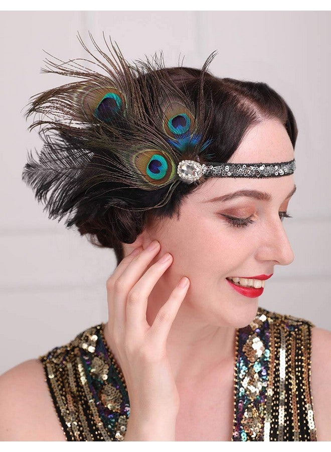 ايميميير عصابة رأس من ريش الطاووس من عشرينيات القرن العشرين، قطعة رأس سوداء مع سلسلة رأس من الترتر، إكسسوارات شعر تنكرية للنساء والفتيات - Image 1