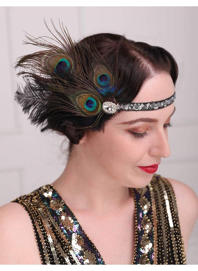 ايميميير عصابة رأس من ريش الطاووس من عشرينيات القرن العشرين، قطعة رأس سوداء مع سلسلة رأس من الترتر، إكسسوارات شعر تنكرية للنساء والفتيات - Image 2