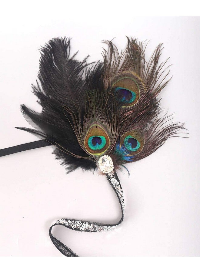 ايميميير عصابة رأس من ريش الطاووس من عشرينيات القرن العشرين، قطعة رأس سوداء مع سلسلة رأس من الترتر، إكسسوارات شعر تنكرية للنساء والفتيات - Image 5