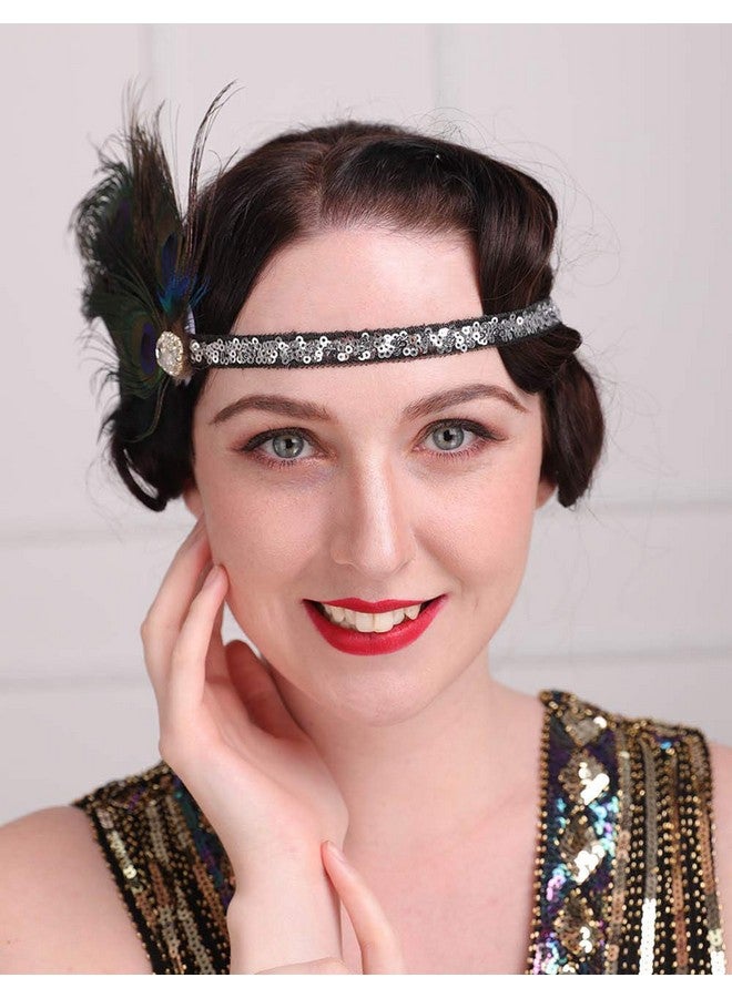 ايميميير عصابة رأس من ريش الطاووس من عشرينيات القرن العشرين، قطعة رأس سوداء مع سلسلة رأس من الترتر، إكسسوارات شعر تنكرية للنساء والفتيات - Image 4