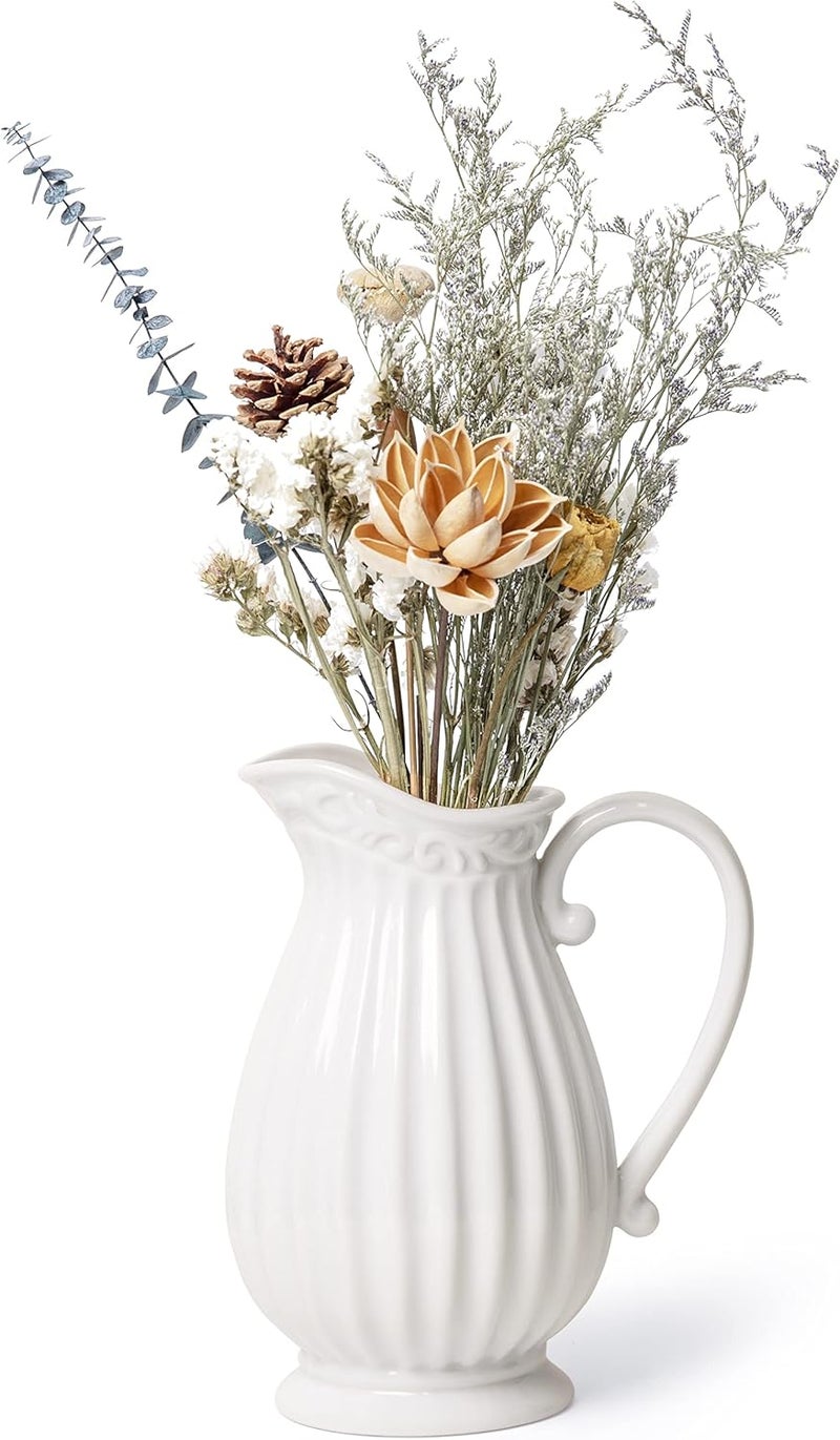 D'vine Dev 10 Inch White Ceramic Pitcher Vase for Home Décor, VS-PT-1 - Image 2