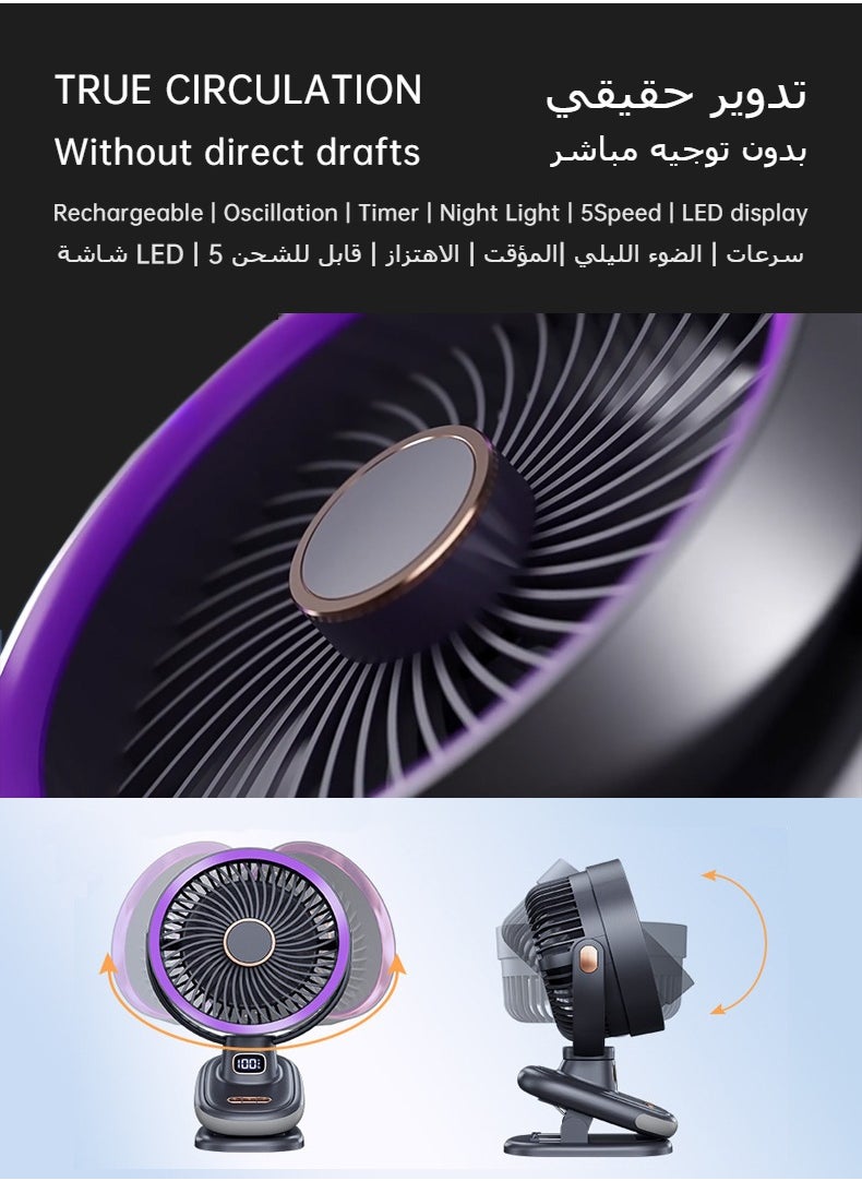 ZeeNest Rechargeable Desktop Air Circulator Fan with 5 Speeds, Oscillation, Timer, Night Light & LED Display – Washable Cover, Multi-Scenario Use (Desk, Stroller, Bedside, Office),Portable Personal Fan,Quiet Office Desk Fan,1 Piece, Gray-Purple  - Image 1