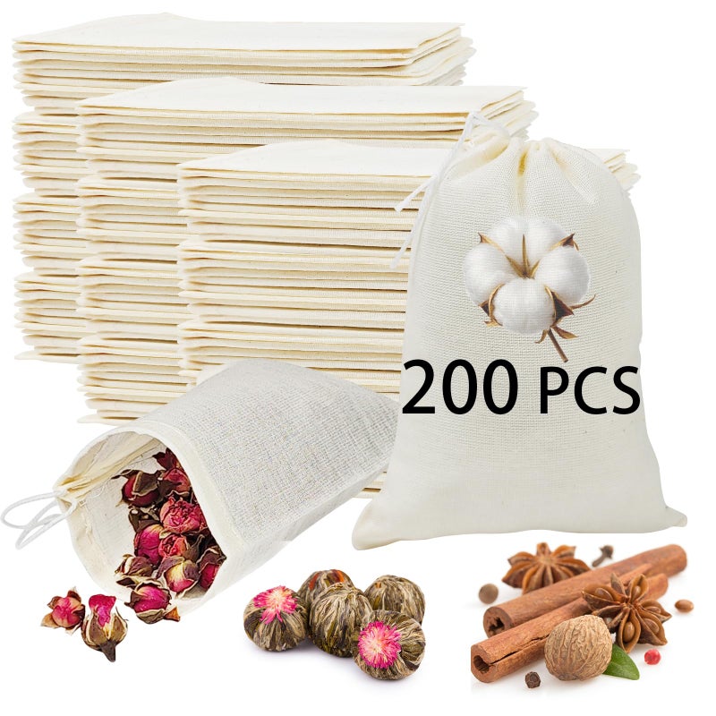 ARKBAODAN 200PCS 3x4 Small Muslin Cloth Bags with Drawstrings - Reusable Empty Spice & Herb Bags for Cooking, Potpourri, cloth tea bags, cloth bags bulk - Image 1