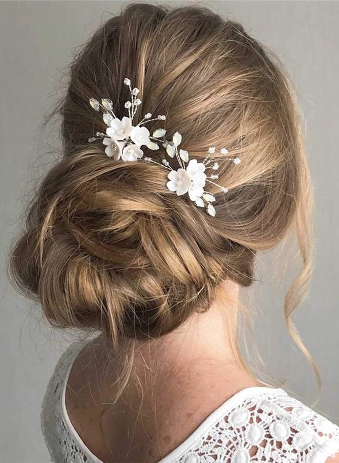 Bridal Wedding Hair Pins Silver Sparkly Rhinestones Pearls Flower Hair Pin Bride Hairpieces Gorgeous Hair Accessories for Women and Girls(Pack of 2) (Silver)