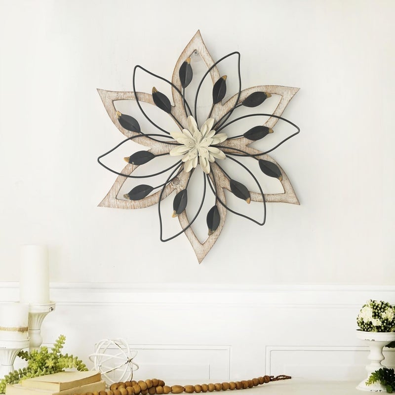 Remenna Whitewash Flowers Wood Wall Decor, Metal Rustic Wall Art Farmhouse Wall Decorations Multiple Floral Hanging Decor for Bathroom Living Room Home Office Garden Kitchen - Image 2