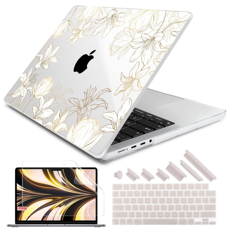 DONGKE for M4 MacBook Pro 16 Inch Case 2024 2023 2021 A3403 A3186 M3 A2991 M2 A2780 M1 A2485 ProMax Chip Plastic Hard Shell Case Keyboard Cover for Mac Pro 16 with Touch ID Gold Floral