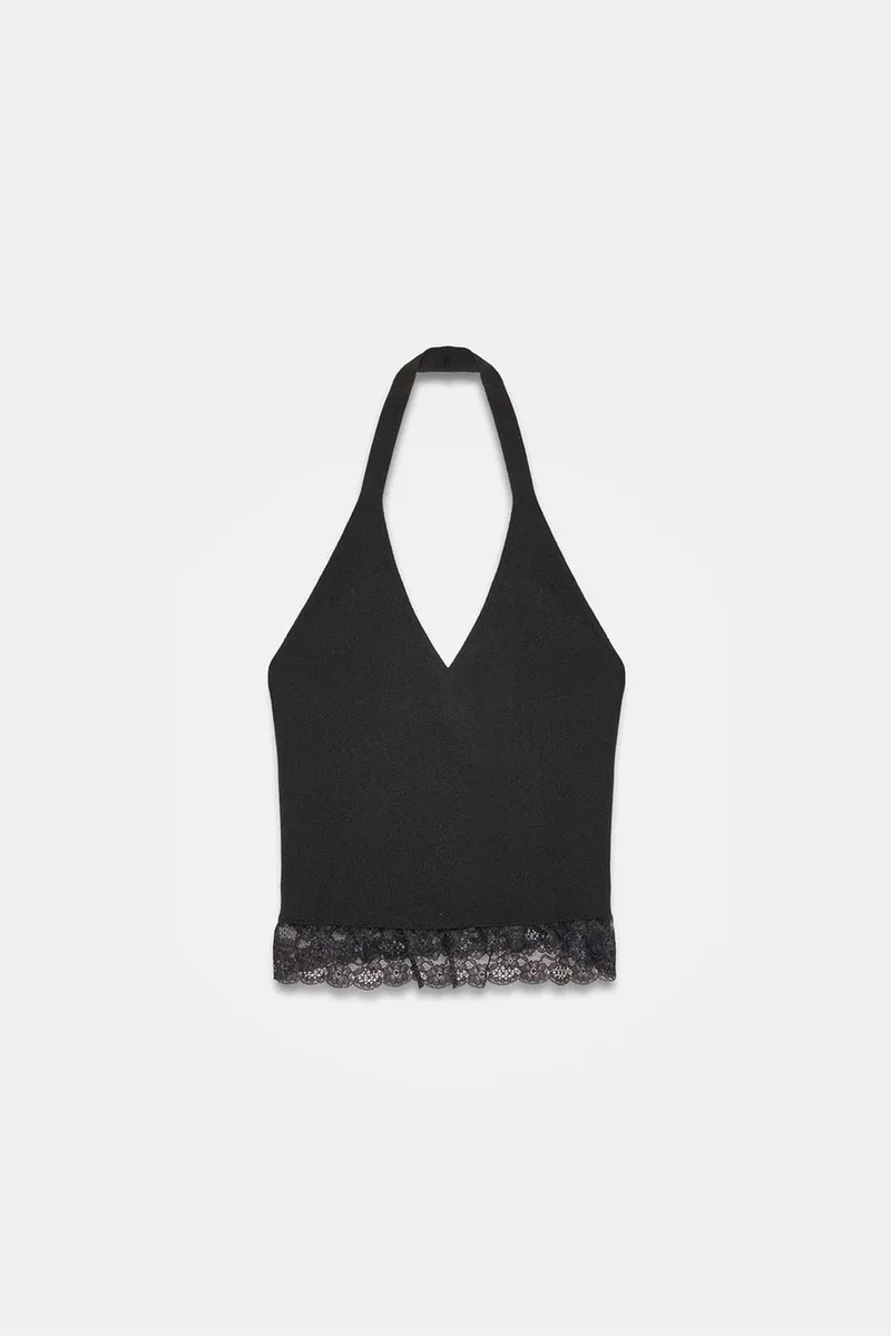 DILVIN Ribbed Lace Halterneck Blouse