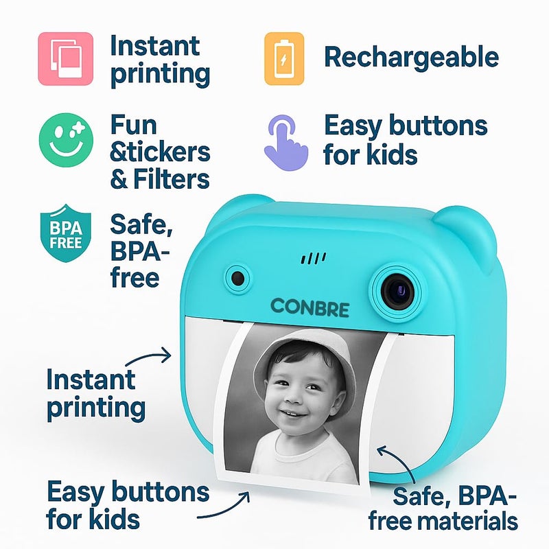 Conbre Kids Instant Print Camera with 4 Games – 3-in-1 Digital Camera for Boys & Girls Ages 3-12 | Print Photos & Record Videos | Supports 64GB SD, Gift-Ready - 2 Rolls (Teddy) - Image 3