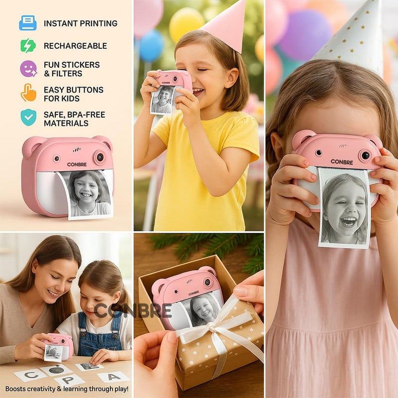 Conbre Kids Instant Print Camera with 4 Games – 3-in-1 Digital Camera for Boys & Girls Ages 3-12 | Print Photos & Record Videos | Supports 64GB SD, Gift-Ready - 2 Rolls (Teddy) - Image 2