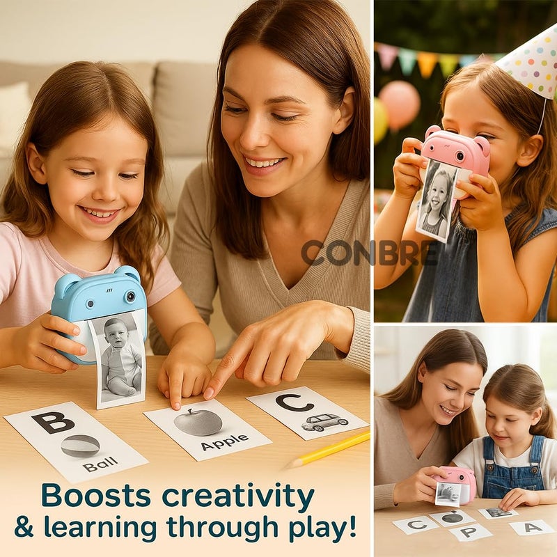 Conbre Kids Instant Print Camera with 4 Games – 3-in-1 Digital Camera for Boys & Girls Ages 3-12 | Print Photos & Record Videos | Supports 64GB SD, Gift-Ready - 2 Rolls (Teddy) - Image 4