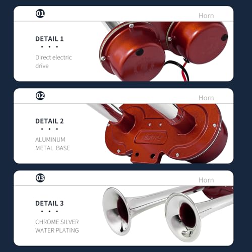 BANHAO Train Horn Kit Universal Electric Horns Dual Trumpet 130dB Super Loud Air Horns For Any 12v Vehicles Trucks/Lorrys/Trains/Boats/Cars/SUV/Pickup/Golf Cart, Aluminum alloy+ABS（chrome-plating） - Image 4